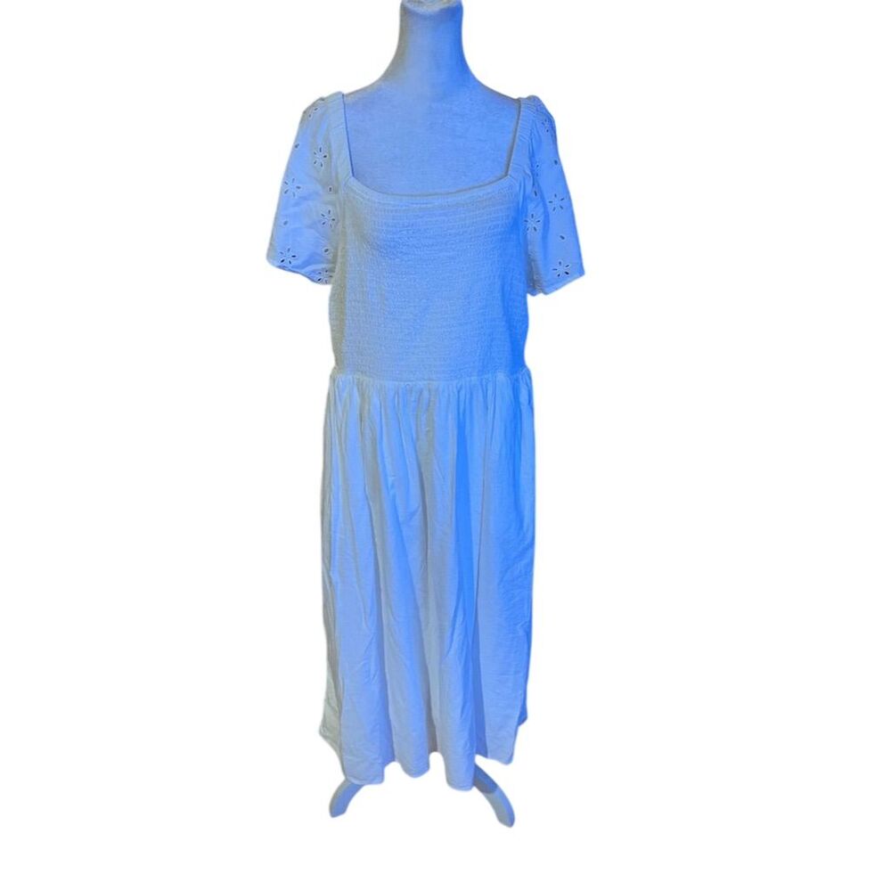 Beach Lunch Lounge Women's White Midi Dress L Short Puff Sleeve Square